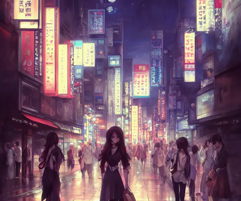 Prompt: pedestrians at nightime in akihabara by charlie bowater and titian and artgerm, portrait, intricate, face, symmetrical eyes, tokyo akihabara street cityscape, elegant, beautiful, highly detailed, dramatic lighting, sharp focus, trending on artstation, artstationhd, artstationhq, unreal engine, 4 k, 8 k