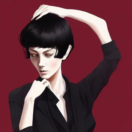 Image similar to slim girl in tuxedo with short black hair, elegant, 2d, ultra highly detailed, digital painting, smooth, sharp focus, artstation, portrait art by Ilya Kuvshinov