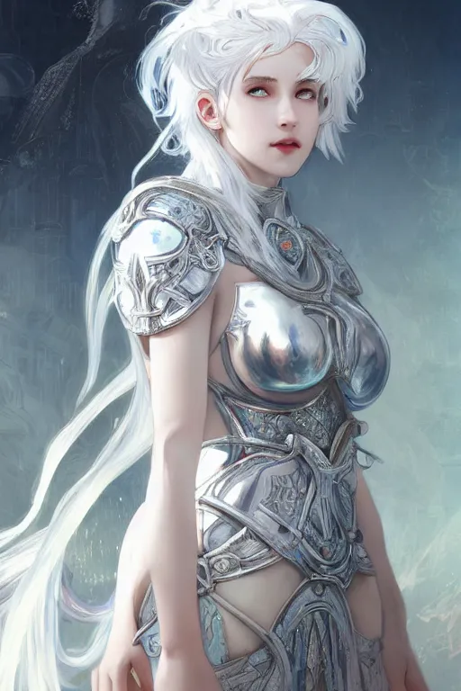 Image similar to portrait white hair knights of zodiac girl, sliver ice color reflected armor, in ruined agora of athens sunrise, ssci - fi and fantasy, intricate and very very beautiful and elegant, highly detailed, digital painting, artstation, concept art, smooth and sharp focus, illustration, art by tian zi and wlop and alphonse mucha