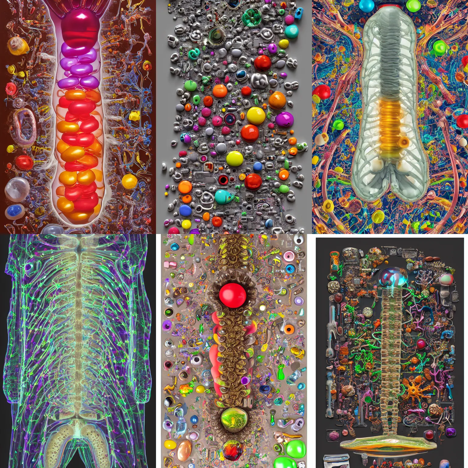 Prompt: Simple chromatic xray, bionic exploded drawing, crossection fungus sculpture, jellybeans, organs, kidney, by david lachapelle, by angus mckie, by rhads, in a dark empty black studio hollow, c4d, at night, rimlight, c4d, by jonathan ivy, by alex grey, Haeckel