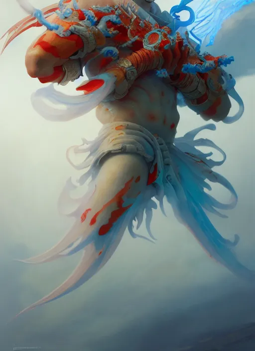 Prompt: subsurface scattering, white, giant insectoid samurai deity, koi colors, vibrant colors, octane render, jesper ejsing, james jean, justin gerard, tomasz alen kopera, cgsociety, fenghua zhong, makoto shinkai, highly detailed, rim light, art, cinematic lighting, very coherent, hyper realism, 8 k