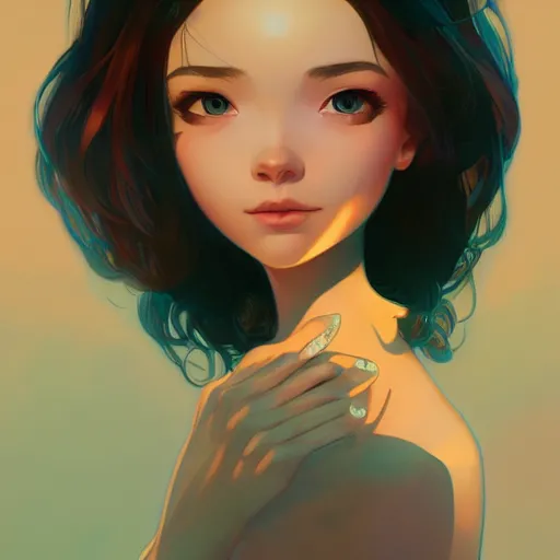 Prompt: gazing into the gorgeous face of infinity, happy but shy, ambient lighting, 4 k, lois van baarle, ilya kuvshinov, rossdraws, alphonse mucha, jung gi kim, artstation