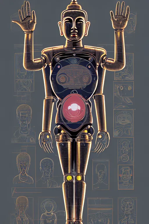 Image similar to a study of cell shaded of a cyborg robot 1000 arm buddha, golden ratio, character concept art by Shepard Fairey, james jean, Mike Mignola, Laurie Greasley, highly detailed, sharp focus, sharp linework, clean strokes, motherboard, Artstation, deviantart, artgem