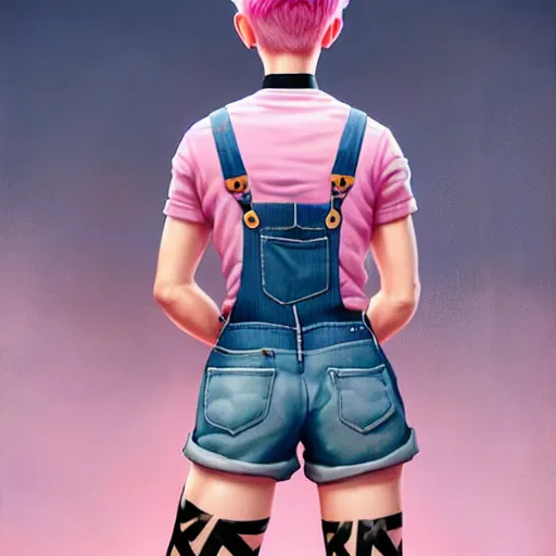 Image similar to full body pose, pixar, beautiful androgynous girl, pink pixie cut hair, torn overalls, short shorts, combat boots, fishnets, beautiful, highly detailed face, true anatomy!, extremely detailed!, digital painting, unreal engine 5, art by tom bagshaw