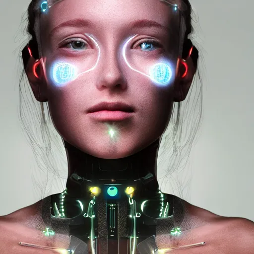 Prompt: beautiful Fine art photography portrait of a solarpunk half robot half human girl with real human face, lights over body, highly detailed, photorealism, studio lighting 8k