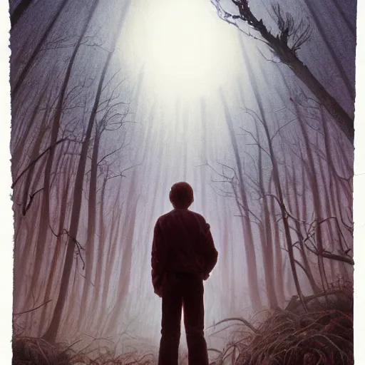 Image similar to stand by me river phoenix looking at a ufo, night time forest with a ufo in the fog, scary, matte detailed photo, DeviantArt, Artstation, by donato giancola, ralph horley, loish, ufo lighting