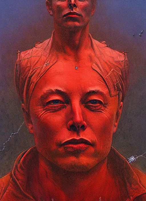 Image similar to A painting of Elon Musk in style of Beksinski. Very detailed