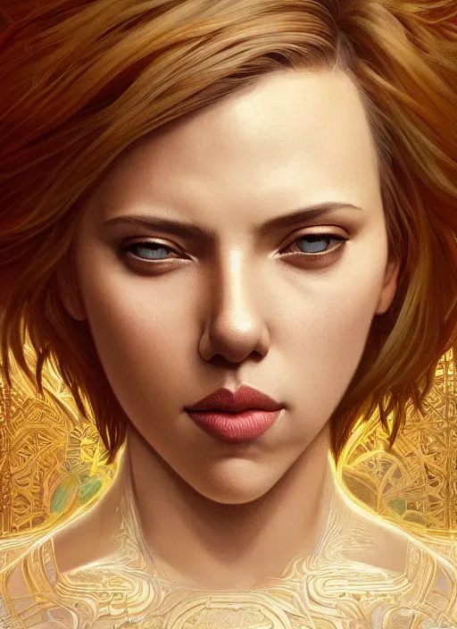 Image similar to symmetry!! scarlett johansson, machine parts embedded into face, intricate, elegant, highly detailed, digital painting, artstation, concept art, smooth, sharp focus, illustration, art by artgerm and greg rutkowski and alphonse mucha, 8 k