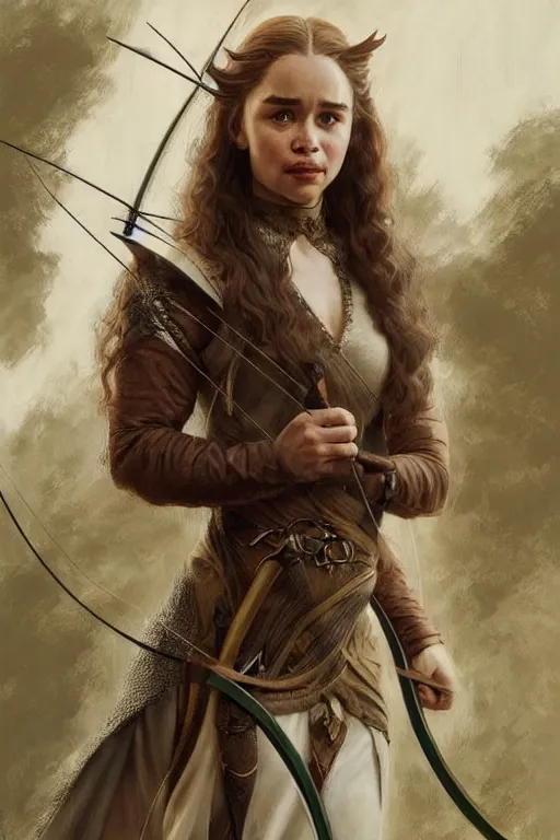 Image similar to portrait of emilia clarke as an elven archer, dark, piercing eyes, gentle expression, elegant clothing, photorealistic, highly detailed, artstation, smooth, sharp focus, art by michael whelan, artgerm, greg rutkowski and alphonse mucha