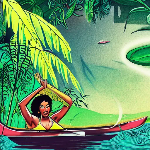 Prompt: a black woman lying down in a canoe that is floating down a river on an alien planet, in the background is lush alien jungle, detailed face background detail, graphic novel,