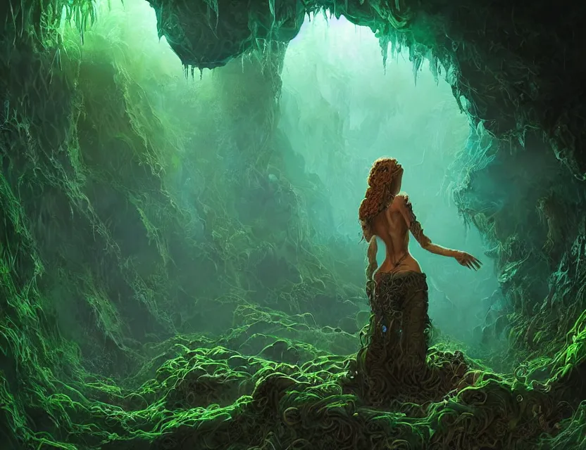 Image similar to a woman in a lovecraftian eldritch cave with crystals and lush vegetation. this airbrush painting by the award - winning concept artist has dramatic lighting, an interesting color scheme and great sense of depth.