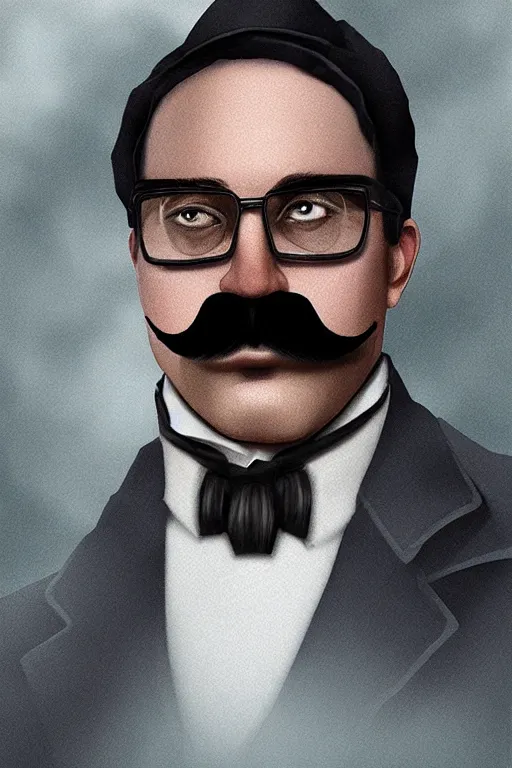 Image similar to inspector mustache, realistic photo, 65mm, digital art, trending on artstation