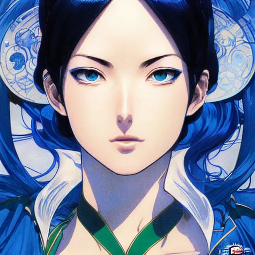 Image similar to highly detailed vfx portrait of nico robin by eiichiro oda!, makoto shinkai, alphonse mucha, sharp focus, art by artgerm and greg rutkowski!, backlit, harsh overhead sunlight, blue eyes!!, large aquiline nose!!, stanley kubrick, kaoru mori, best of behance,