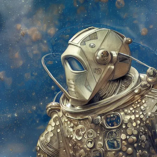 Image similar to the mummy astronaut, style hybrid mix of Anton Pieck+Jean Delville+ Amano,Yves Tanguy+ Alphonse Mucha+ Ernst Haeckel+ Edward Robert Hughes+Stanisław Szukalski , rich moody colors,diamond dust glitter and sparkles, holographic krypton ion,blue eyes,octane render,4k, ighly detailed, hyperrealism, excellent composition, cinematic concept art, dramatic lighting, trending on ArtStation