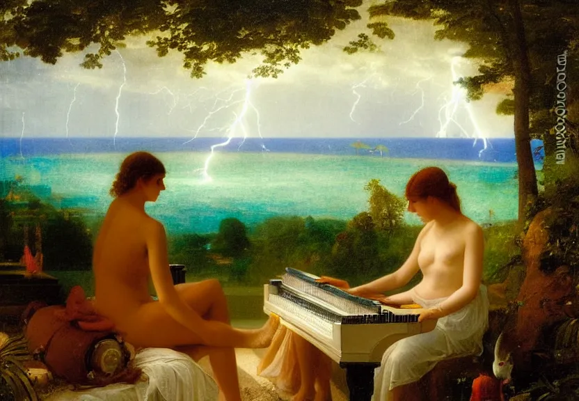 Image similar to Girl playing the palace piano, refracted sparkles, thunderstorm, greek pool, beach and Tropical vegetation on the background major arcana sky, by paul delaroche, hyperrealistic 4k uhd, award-winning, very very very detailed