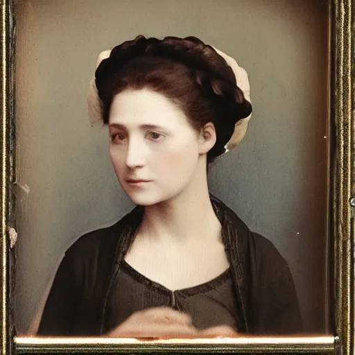 Prompt: portrait of a beautiful young lady with silver eyes, colored daguerreotype, by Mackintosh, by Pontormo rule of thirds, fair complexity, 4k quality