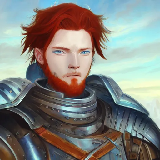 Image similar to portrait of a redheaded man with blue eyes and wearing a armor, medieval background, highly detailed, digital painting, artstation, matte, by makoto shinkai, animation style, studio ghibli, anime key visual