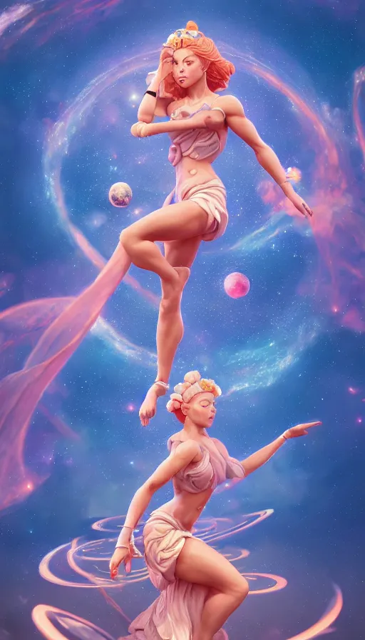 Image similar to a beautiful goddesses, strong pose, full body, planets, sky, dream, highly detailed, digital painting, refreshing, trending on artstation, octane render, hyper realistic, illustration by james jean