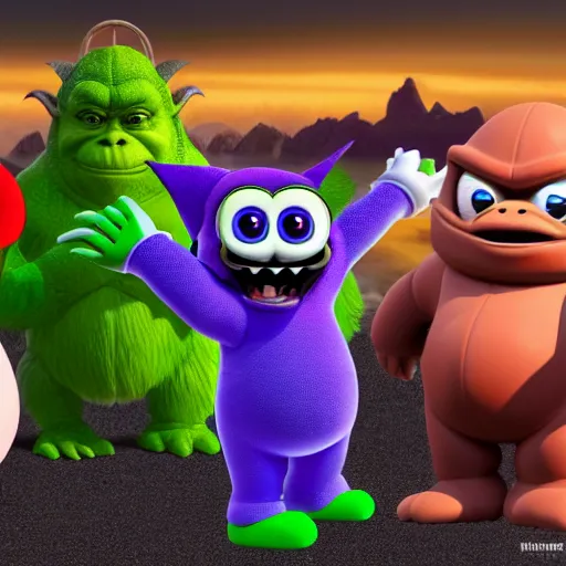 Prompt: super mario as godzilla yoda donkey kong pikachu yeti shrek fairy homer groot waluigi darth vader mike wazowski, highly detailed, extremely high quality, hd, 4 k, 8 k, professional photographer, 4 0 mp, lifelike, top - rated, award winning, cinematic, realistic, detailed lighting, detailed shadows, sharp, no blur, edited, corrected, trending