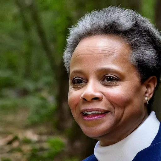 Prompt: chicago mayor lori lightfoot spotted on woodland trail cam at 2:00am