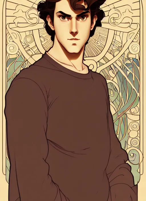 Image similar to art nouveau portrait of a handsome young man with curly light brown hair, brown eyes, serious facial expression, gloomy mood, annoyed, t - shirt, natural lighting, path traced, highly detailed, high quality, cartoon, digital painting, by don bluth and ross tran and studio ghibli and alphonse mucha