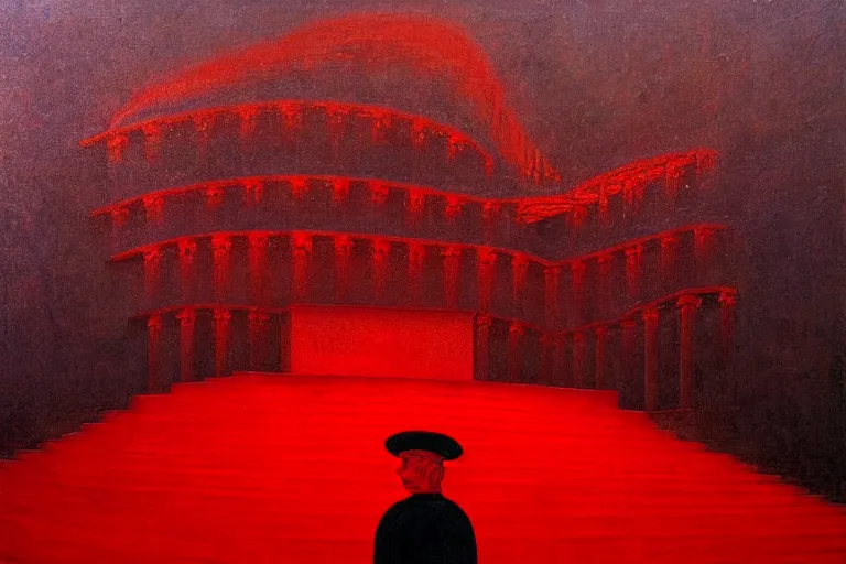 Image similar to only with red, a red melted emperor in an authoritarian position, taormina amphitheatre, crowd hails him, in the style of beksinski, parts by edward hopper, parts by rodcenko, parts by yue minjun, intricate and epic composition, red by caravaggio, insanely quality, highly detailed, masterpiece, red light, artstation, 4 k