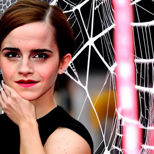 Image similar to emma watson suspended from and stuck in a giant spider web