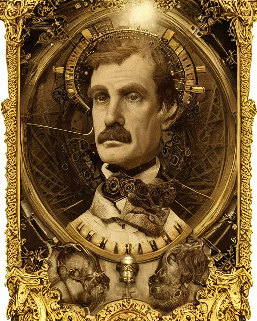 Image similar to epic portrait of victorian man scientist, steampunk, highly detailed, intricate details, symmetry, golden ratio, hyperrealistic, photorealistic, by rafael santi and michelangelo