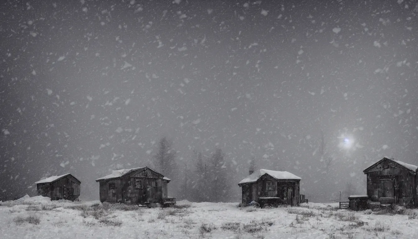 Prompt: Dark, Snowy Landscape with Blizzard! in a snowstorm!, a lonely, small soviet shack in the distance with dim orange lights in the windows, snowstorm, digital art, highly detailed, blizzard, 4k