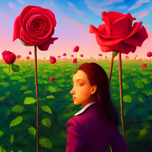 Image similar to closeup, giant rose flower as a head, frontal, a girl in a suit, surreal photography, sunrise, blue sky, dramatic light, impressionist painting, digital painting, artstation, simon stalenhag