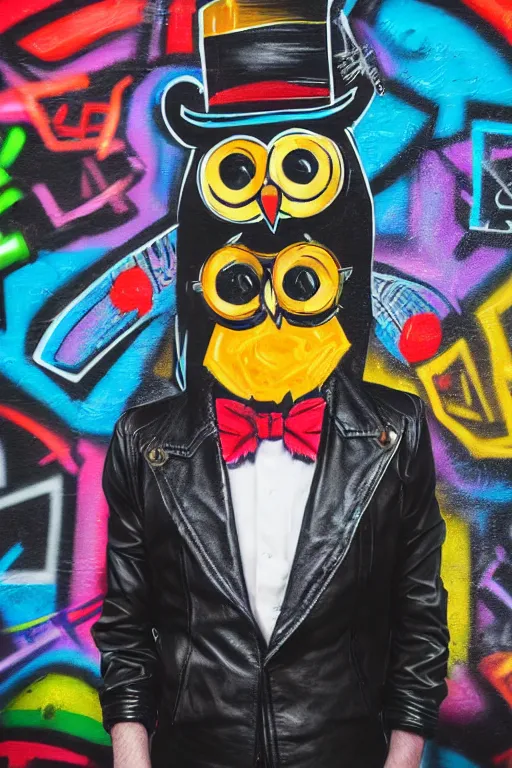 Prompt: gentleman owl with black biker jacket, portrait photo, crayon outline, wall with colorful graffiti, studio photo, suit, bow tie, tophat, tophat, lens flare, 2. 8 f