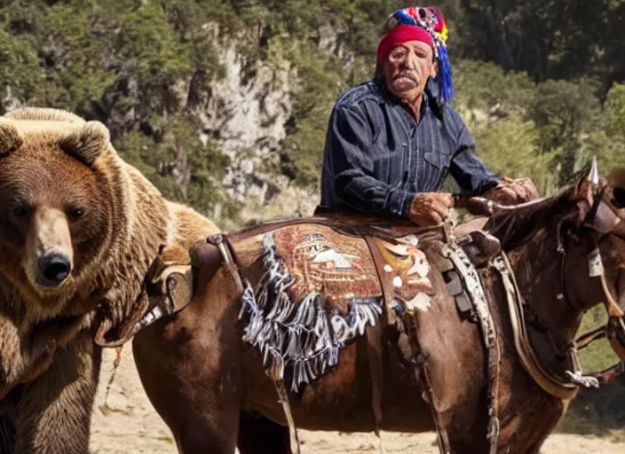 Image similar to film still of danny trejo on a saddle riding a bear wearing a bandana in mexico, 8 k