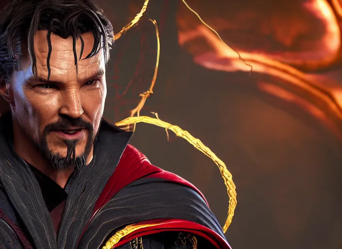 Image similar to venom fused with doctor strange, ultra realistic 4 k unreal engine very cinematic render with ray tracing bloom ambient occlusion strong reflections depth of field fog