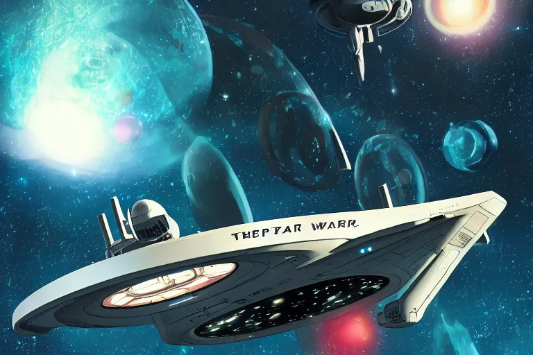 Image similar to Promotional poster for Star Trek the original series, shot on the deck of the Starship Enterprise, by Makoto Shinkai. Anime key visual,