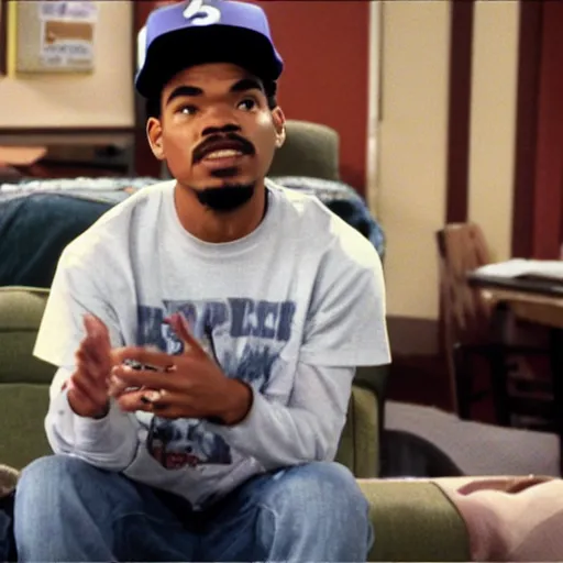 Image similar to a tv still of Chance The Rapper starring as a college student in a 1990 tv sitcom, 40mm lens