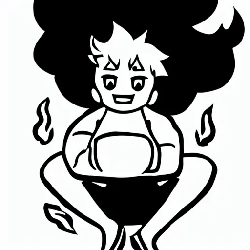 Prompt: black and white anime character of a piece of fluffy popcorn with a smiling face and flames for hair, sitting on a lotus flower, clean composition, symmetrical