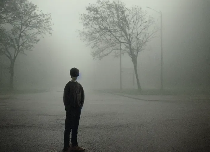 Image similar to kodak portra 4 0 0, photographic of a sad boys in the style of gregory crewdson, high detail, suburb, night, fog, rain