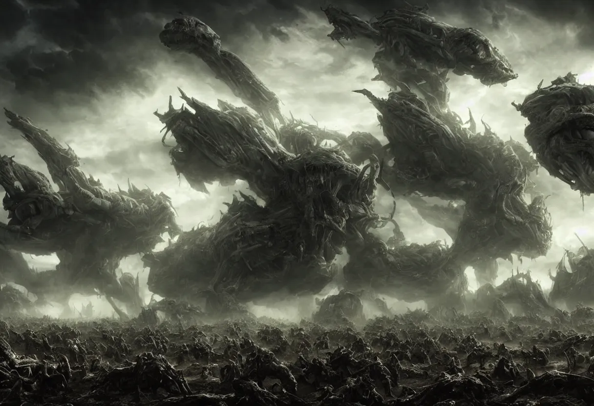 Prompt: army of alien warriors crushing earth, omniuou dark fog in background, apocalyptic, cinematic lighting, atmospheric, hyper realism, realistic, octane render, dramatic lighting, highly detailed, cinematic, art by rubens and rembrandt