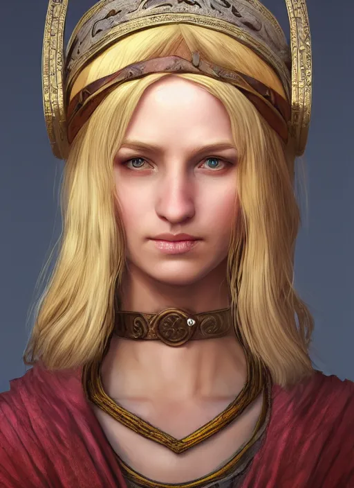 Image similar to blonde peasant woman, fantasy, medieval, vivid colors, fantasy, elegant, concept art, sharp focus, beautiful face!!, digital art, hyper - realistic, 4 k, unreal engine, highly detailed, hd, dramatic lighting by brom, trending on artstation