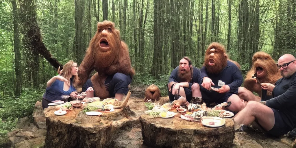 Image similar to photo, three hairy fat neanderthal people, emma!! watson!!, eating outside, surrounded by dinosaurs!, gigantic forest trees, sitting on rocks, bright moon, birthday cake on the ground, front view