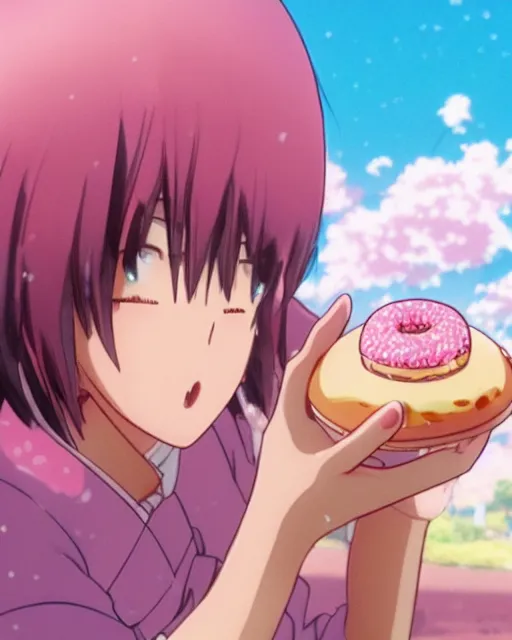 Prompt: a pig eating a pink frosted donut, full shot, visible face, ambient lighting, detailed, very modern anime style, art by hayao miyazaki, makoto shinkai