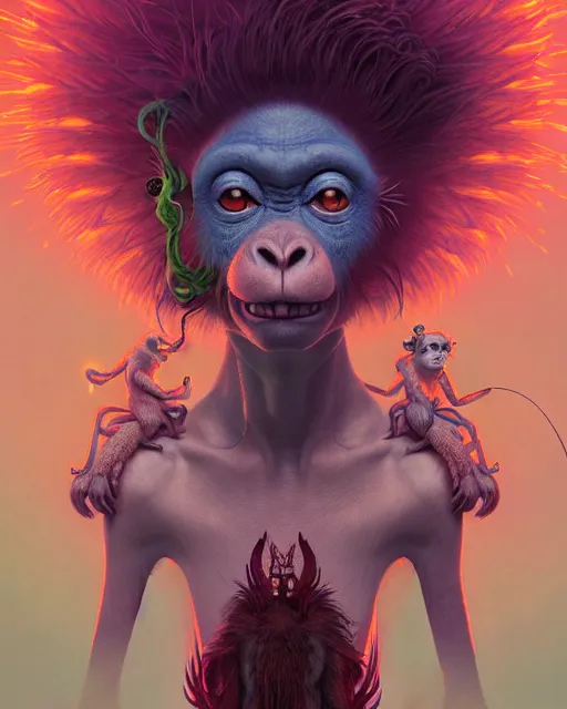 Image similar to highly detailed surreal vfx portrait of a lobsterpunk monkey, stephen bliss, unreal engine, greg rutkowski, loish, rhads, beeple, makoto shinkai and lois van baarle, ilya kuvshinov, rossdraws, tom bagshaw, alphonse mucha, global illumination, detailed and intricate environment