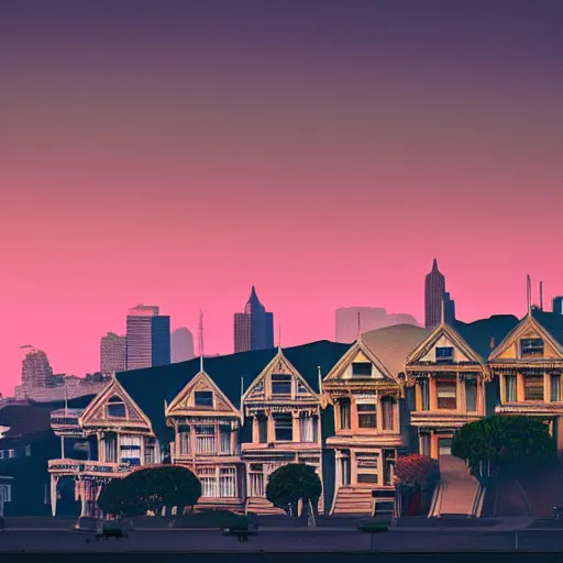 Image similar to a photograph of the painted ladies in san francisco at sunset artstation cyberpunk dreamscape high definition