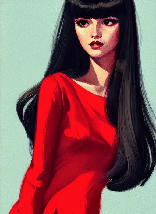 Image similar to portrait of veronica lodge with bangs, 1 9 6 0 s, long hair, red clothes, bangs, intricate, elegant, glowing lights, highly detailed, digital painting, artstation, concept art, smooth, sharp focus, illustration, art by wlop, mars ravelo and greg rutkowski