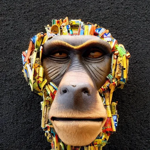 Image similar to portrait of a monkey head made of recycled materials from a bike shop, trending on artstation