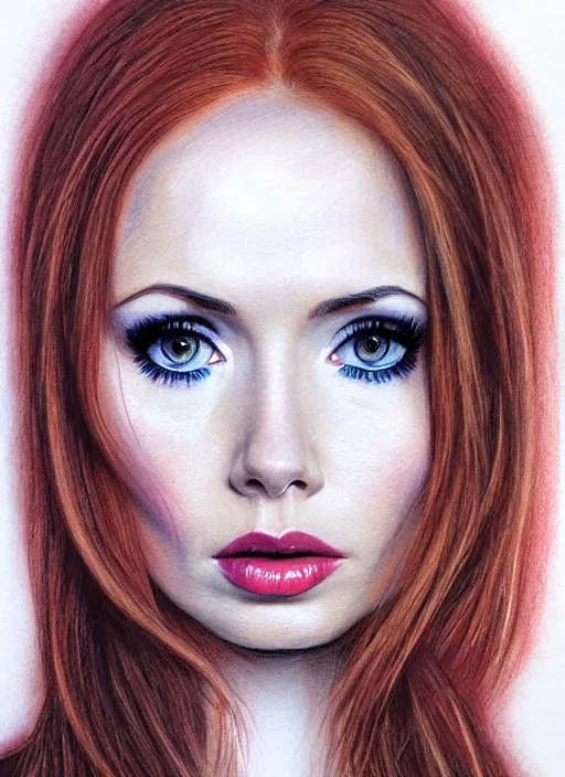 Prompt: sultry look in her eyes Karen Gillan close-up portrait looking straight on, complex artistic color pencil sketch illustration, full detail, gentle shadowing, fully immersive reflections and particle effects.