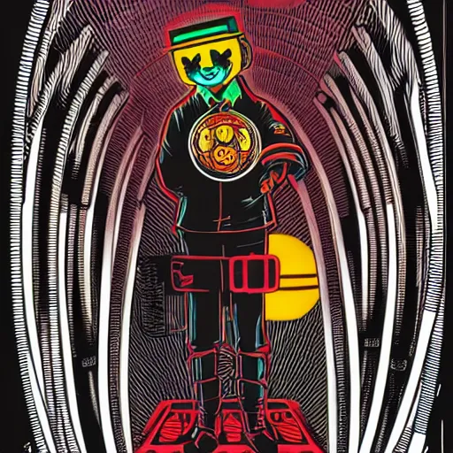 Image similar to Illustrated by Shepard Fairey and H.R. Geiger | Cyberpunk Clown Vampire with VR helmet, surrounded by cables