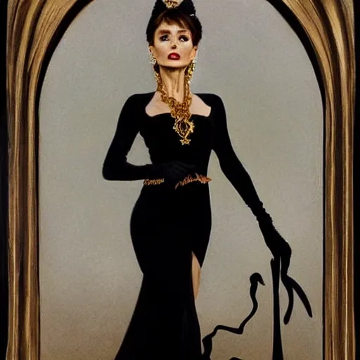 Prompt: an extremely detailed matte painting audrey hepburn as a powerfull sorceress in a resplendent black dress with gold and crimson trim and a long leg slit, in the style of magic the gathering, 8 k, sharp focus, detailed face, art by john collier and albert aublet and krenz cushart and artem demura and alphonse mucha