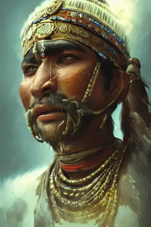 Image similar to indian warrior, close - up portrait, fierce, intricate, elegant, volumetric lighting, scenery, digital painting, highly detailed, artstation, sharp focus, illustration, concept art, ruan jia, steve mccurry