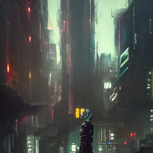 Image similar to a wanderer in a cyberpunk city, megastructure in the background, night, dramatic lighting, chiaroscuro, high detail, painted by greg rutkowski, painted by igor kieryluk, painted by raymond swanland, painted by jeremy mann, trending on artstation